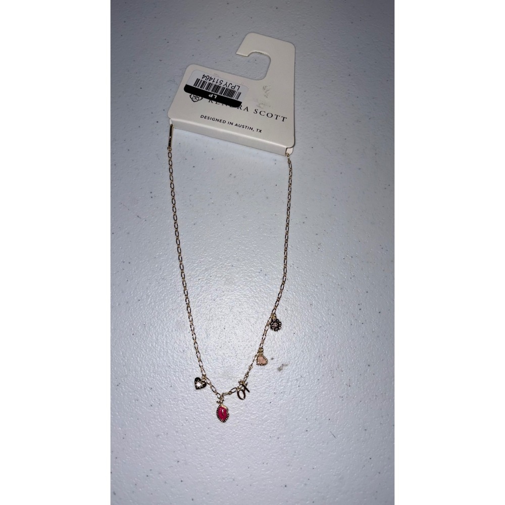 Kendra Scott Henley Charm Necklace 14k Gold Over Brass Pink Stone Heart XO New